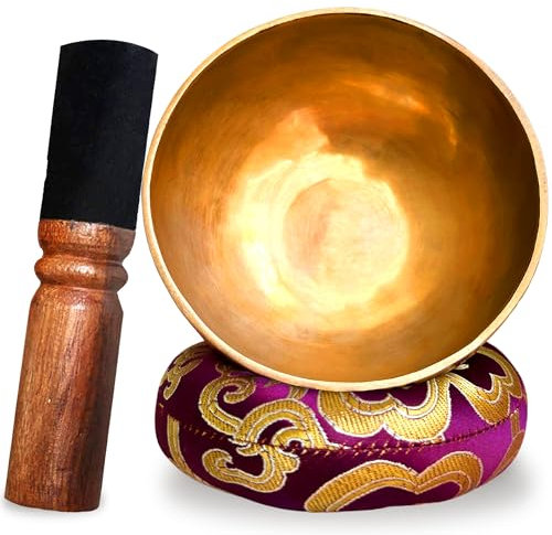 Bol Chantant Tibétain 7 Métaux - Bol Tibétain Artisanal, Fait main au Népal + Coussin + Maillet en bois + Boite Violette - Méditation - Guérison