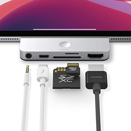 elago Adaptador Aluminio 5 en 1 Hub Tipo C Pocket Pro Compatible con iPad and Otros Dispositivos USB-C - HDMI 4K, Carga de USB-C PD, 3.5mm Conector de Audio, SD y Micro SD Lector de Tarjeta (Plata)