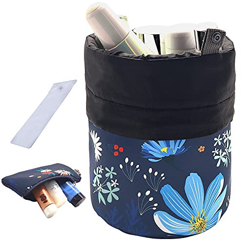 UYRIE Tragbare Reise Kulturbeutel Kosmetische veranstalter Tasche, Große Kordelzug Hängen Waschbeutel für Frauen Mädchen, Tonnenförmige Aufbewahrungstasche (Blaue Blume)