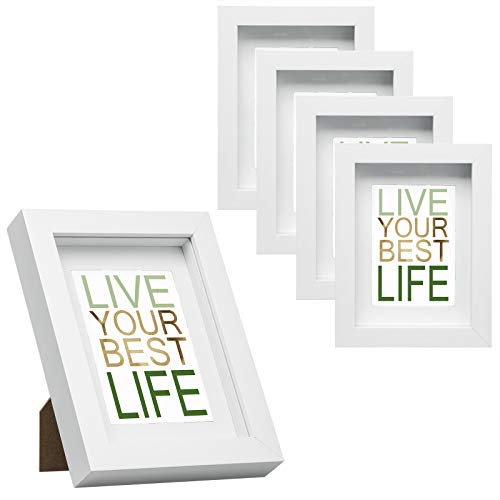 EUGAD 5er Set Bilderrahmen Fotogalerie, tiefer Rahmen für Objekte bis 1,5 cm, Holzrahmen mit Papier-Passepartout, mit Glasscheibe, 3D Objektrahmen, Weiß, A4 (21 x 29,7 cm)