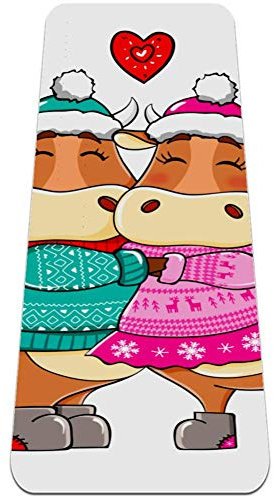 BestIdeas Yogamatte Happy Bull Couple in Wintermütze und Schal für Yoga, Pilates, Bodenübung Herren Damen Mädchen Jungen Kinder Anfänger Rutschfestes Design
