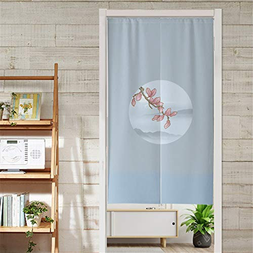 Hiseng Chinoiserie Floral Print Doorway Curtain, Cotton Linen Japanese Partition Noren Home Door Decoration, Bedroom Kitchen Restaurant Bathroom Hanging Curtain (Leaf,90x120cm)