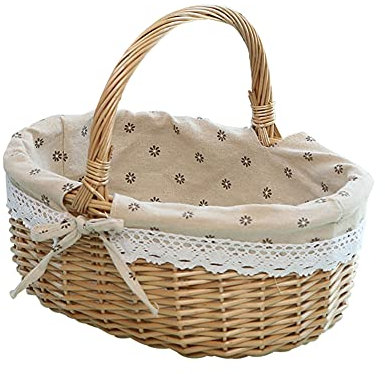 Weidenkorb Mit Henkel Weide Einkaufskorb Picknickkorb Leer Mit Innenfutter, Handgefertigte Korb Rattankorb für Picknicks Partys
