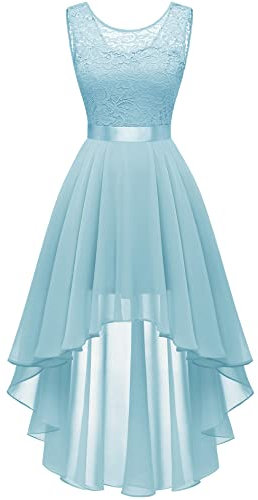 Berylove Vintage Robe de Cocktail Pin Up High Low en Dentelle Mousseline pour Mariage Soirée Bal Jupe Asymétrique sans Manche avec Ceinture 35 Light Blue M