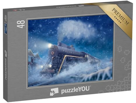 puzzleYOU: Puzzle 48 Teile „Polarexpress in Einer verschneiten Landschaft, Kleiner Junge, Mann auf dem Zug“ – aus der Puzzle-Kollektion Lokomotive