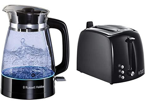 Russell Hobbs Glass Classic Hervidor De Agua Eléctrico - 2400 W, 1,7 Litros + Textures Plus Tostadora - 2 Ranuras Cortas Y Anchas, Para 2 Rebanadas, Plástico Con Detalles Acero Inoxidable