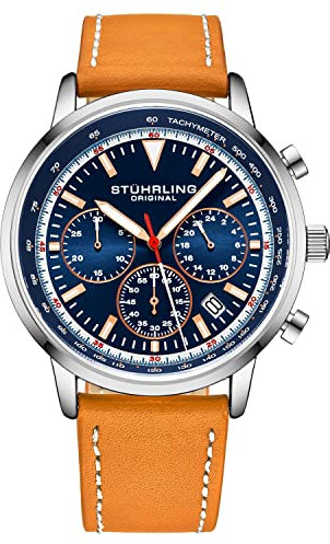 Stuhrling Montre chronographe Original pour Homme, boîtier en Acier de 44 mm avec Bracelet en Cuir, tachymètre, Compteur 24 Heures, chronographe