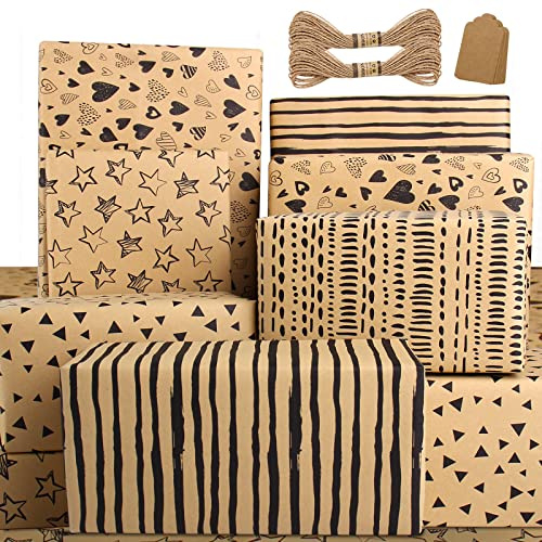 Recycled Kraft Gift Wrap Set - Eco Birthday Wrapping Paper, Tag String, Present Wrap for Women, Men, Kids