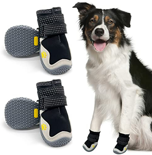 Hundeschuhe, 4 Stück Atmungsaktive Stiefel für Hunde mit reflektierenden Riemen, Mikrofaser Leder Gummi Rhombische Sohle Hundepfotenschutz (1#)