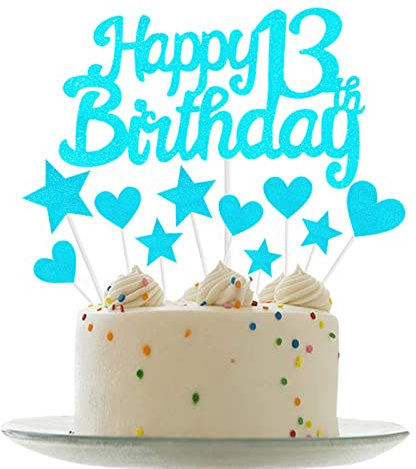Personalised Happy 13th Birthday Cake Toppers Light Blue Cake Decorations for Girls Boys 13th Birthday Cake Cupcake Topper, Glitter Cakes Decoration for 13 Birthday Anniversary Party Supplies