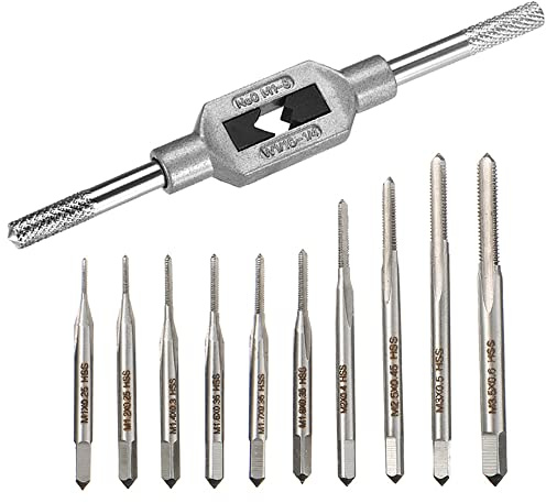 Saipe 10pcs Micro Taps Bit Small Hand Screw Thread Taps M1-M3.5 HSS Mini Metric Plug Tap Screw Tap Drill Tap Drill Set Tapping tool with Adjustable Tap Wrench 1/16-1/4''