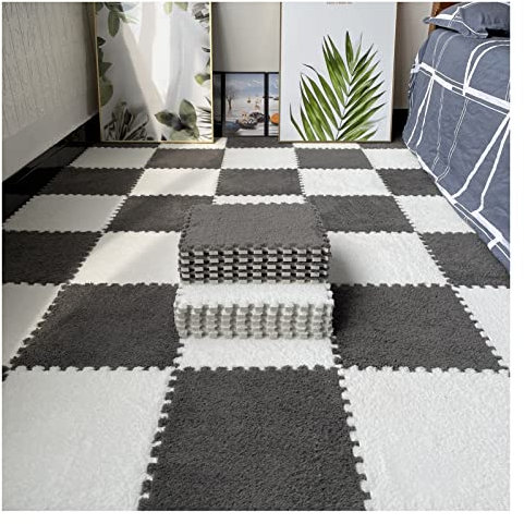 9/12/15/16 Stück Ineinandergreifende Schaumstoff-Teppichfliesen, Weiche, Flauschige Plüsch-Teppichmatte, Kriechende Spielmatte, Puzzlematte, Für Schlafzimmer, 30 X 30 cm,Grey+White,16 PCS