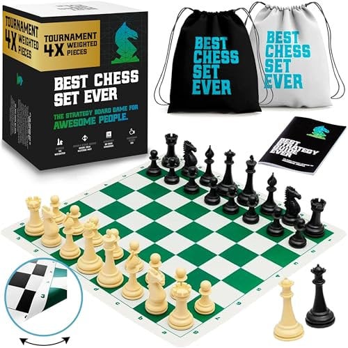Best Chess Set Ever 4X Tournament Chess Set with XL Staunton Quadruple Weighted Pieces (11.4 cm King) for Adults & Kids – Foldable Roll-up Double-Sided 50x50 cm Silicone Board Mat, Ideal for gifting
