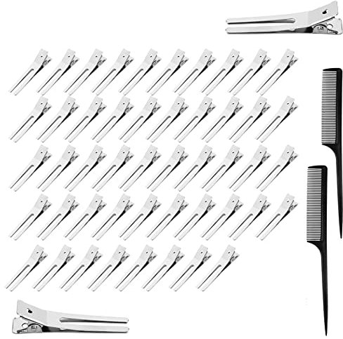 Metall Entebill Haarspangen Alligator Clips Silber Friseur Haarclips Abteilklammern mit 2 Stück Kamm Styling Haarklammer für Haarstyling DIY Zubehör(50 Stück)