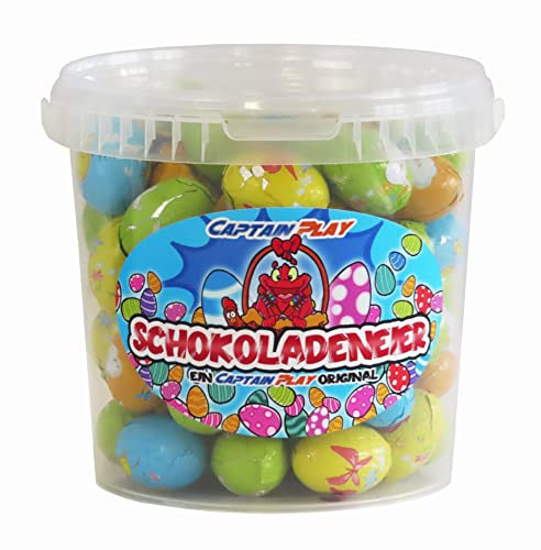 CAPTAIN PLAY Ostereier Schokolade mit Füllung, ca. 80 Stück in Einzelverpackung, 1kg Oster Schokolade im Oster Bucket, tolle Ostereier Deko