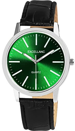 Excellanc Herren-Uhr Kunstleder Dornschließe lechtzeiger Analog Quarz 2900231 (schwarz grün)