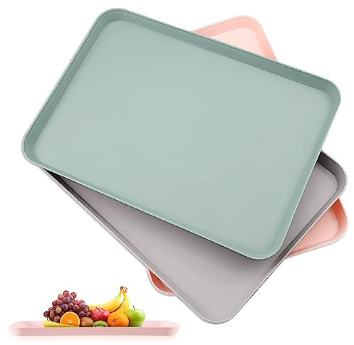 Aoreun Bandeja Plastico Rectangular, 3 Piezas 21CM x 29CM bandejas de Servir, 3 Colores Bandeja Antideslizante, Bandeja Apilables para Restaurante de Comida rápida cafetería Bar Fiesta Cocina