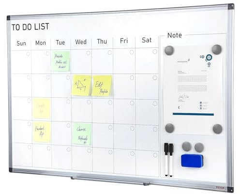 VEVOR Tableau Blanc Magnétique et Planning Mensuel 2-en-1 Calendrier Effaçable à Sec Mural 91,5x61 cm Cadre en Alu avec 2 Marqueurs 1 Effaceur 6 Aimants pour Programmation Travail Bureau Maison École