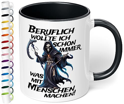 Lustige Büro Tasse „Beruflich wollte ich schon immer was mit Menschen machen!“ - 330ml Keramik Kaffeebecher mit Spruch, Geschenke für Kollegen Büro Arbeit Geburtstag Weihnachten (Schwarz)