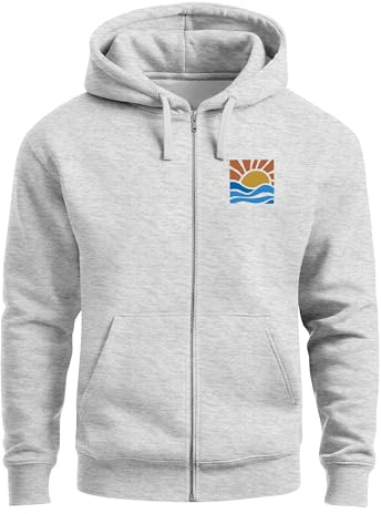 Neverless® Sweatjacke Herren Zip Hoodie Pullover Kapuze Logo Print Sommer Sonne Welle Strand Meer Fashion Streetstyle Grau-Melange XL