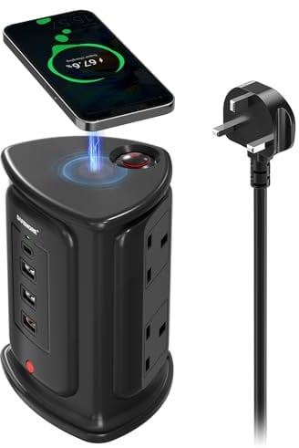 SAFEMORE Tower Extention with 4 USB Ports (3 A and 1 C PD 18W), Wireless Charging, 4 Plug Tower with Surge Protection, 2M Cable, Black