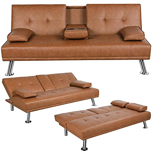 Yaheetech Divano Letto con 2 Braccioli Staccabili Divano Trasformabile Mobile Imbottito a 3 Posti Divanetto Reclinabile da Salotto con Supporto Centrale Porta Bicchieri Marrone/Finta Pelle