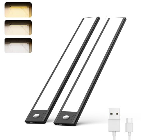 Under Cabinet Lights 2 Stück, 40LED Dimmbar Schrankbeleuchtung mit Bewegungsmelder 3 Farbmodi Dimmbar, 1500mAh Aufladbar Led Lichtleiste für Küche, Theke, RV, Treppe, Badezimmer
