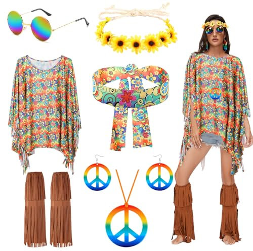 1970s Fancy Dress Women Disco Hippie Costume Outfits 7 Pieces Accessories Set Fringe Leg Warmers Boho Headband Necklace Earrings Sunglasses for Party Halloween