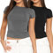 Flintronic Women's Short Sleeve Y2K Tops - Basic Scoop Neck Slim Fitted T-Shirts, Crop Tops Blouse, Aesthetic Streetwear (Black+Grey, S)