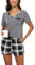 Yukiuiny Pyjama Femme Été Coton Ensemble Vêtement d'Intérieur Tee Shirt Vêtement de Nuit Carreaux Plaid Manches Courtes Col V Pantalons de Pyjama Printemps Douce Confortable A-Gris+Gris Carreaux L
