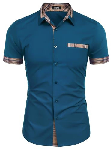 Misfuso Chemise Homme à Carreaux Manche Courte avec Poche Poitrine,Chemise décontractée sans Repassage Bleu Foncé XL