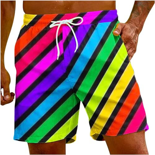 AMhomely Sommer-Strand-Shorts für Herren, Regenbogen-Shorts, Hawaii-Aloha-Party-Shorts, Kordelzug, elastische Taille, Hotpants mit Tasche, Farbverlauf, Streifendruck, lässige Shorts, Boardshorts,