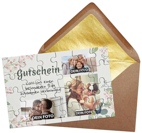 PR Print Royal Puzzle selbst gestalten - Gutschein mit Text und Foto-Collage für 3 Fotos - Fotogeschenk, Geburtstag, Muttertag, Valentinstag | Fotopuzzle 24 Teile inkl. Briefumschlag mit Gold-Inlay