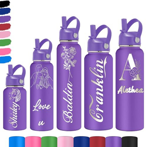 Akmxem Gourde Personnalisable pour Enfant - Gourde PersonnaliséE Bouteille D'Eau Avec Nom - Gourde Isotherme Personnalisable GravéE Avec Paille pour L'éCole Le Sport Le Bureau L'ExtéRieur