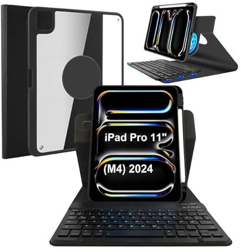LAMA 360° drehbare Tastaturhülle Kompatibel mit iPad Pro 11 Zoll (M4) 2024 (A2836/A2837/A3006), Hülle mit Tastatur magnetische Schützhülle, abnehmbare Bluetooth Tastaturhülle (QWERTZ, Schwarz)