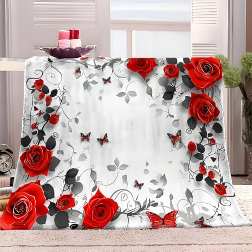 XCQHZYQ Wohndecke Rote Rose Und Schmetterling 130x150 cm Kuscheldecke Flauschig Decke Fleecedecke Falten beständig Kuschelige Atmungsaktive Decken für Bett Sofa Couch