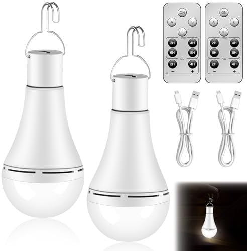 2 bombillas con batería: 12 W USB recargables con gancho, luz de emergencia ajustable con 3 modos de luz, bombilla LED con mando a distancia, bombilla LED para luz de emergencia interior/exterior