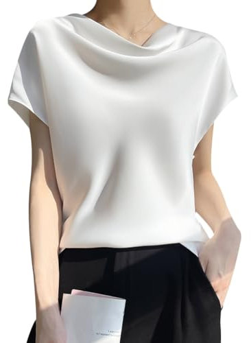 Tidecc Satin Tops Blouses for Women Short Sleeve Silk Shirts Cowl Neck Blouses Summer Casual Tops White