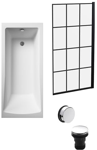 Balterley 1700 x 700mm Square Shower Bath with Leg Set, Black Square Framed Shower Screen & Chrome Waste, Straight Single Ended Gloss White Soaking Bathtubs, Rectangular Soaking Bathtub