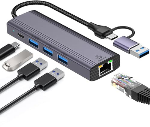 5-IN-2 USB C to Ethernet Adapter with 3*USB 3.0 & 1*USB C, USB 3.0 to RJ45 Gigabit LAN Network Adapter Nylon Braided & Aluminum Alloy Ethernet Hub for PS4/5, iPad, MacBook, Surface, Dell XPS