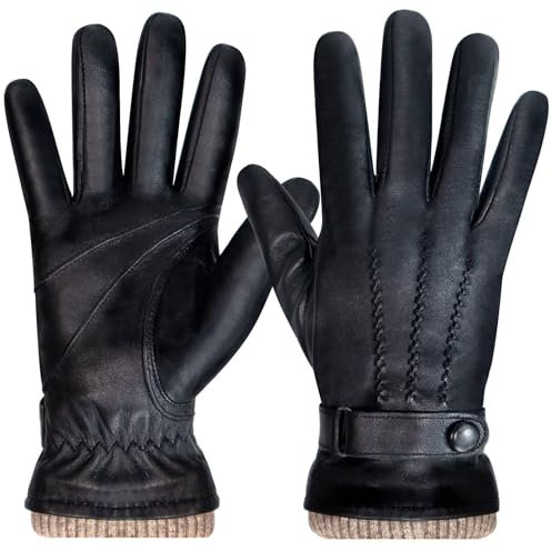 Herren-Winterhandschuhe: Schaffell, volle Touchscreen-Handschuhe, warme Wolle gefüttert, Lederhandschuhe, Thermo-Geschenke für Vater oder Ehemann beim Autofahren, Schwarz, Large