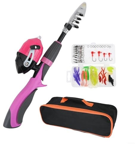 Kit de canne à pêche rétractable pour enfants - Canne à pêche télescopique et moulinet - Poids léger - Rose