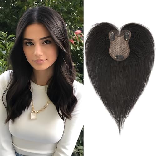 Benehair Echthaar Hair Topper für Frauen, 100% Echtes Haar Clip in Topper, 21g Echthaar Topper Seitlicher Pony, Menschliches Haar Topper Spitze Basis, Natürlich Schwarz für Frauen mit Haarausfall #1B
