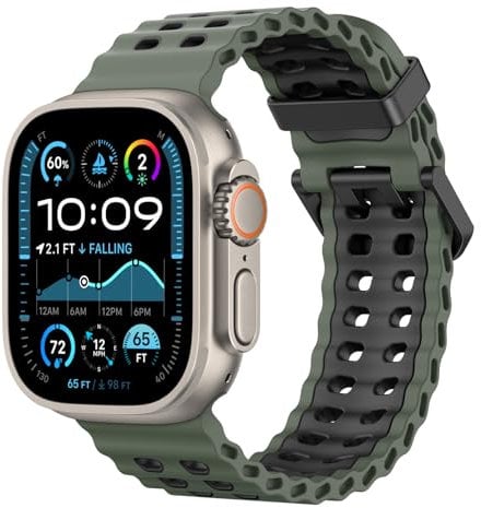 Astorgos Cinturino Traspirante Ocean Compatibile con Apple Watch Ultra 2/Ultra 49mm,Serie 10 46mm, 9/8/7 45mm,SE2/SE/6/5/4 44mm,3/2/1 42mm,Cinturini Sportivo in Silicone per Uomo e Donna,VerdeScr/Nero