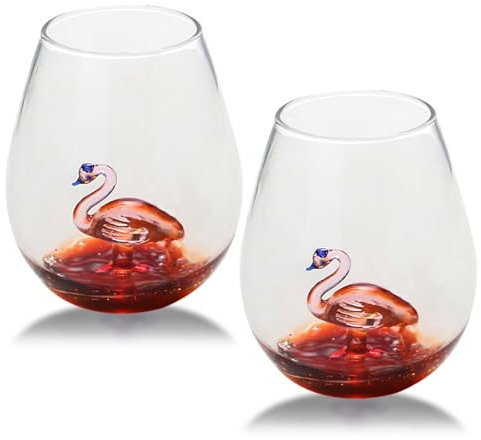 Lot de 2 verres à vin flamant rose sans pied - 500 ml - Verre à cocktail en cristal sans pied - Avec flamant rose 3D à l'intérieur - Verre transparent pour femmes et hommes - Pour mariage, bar