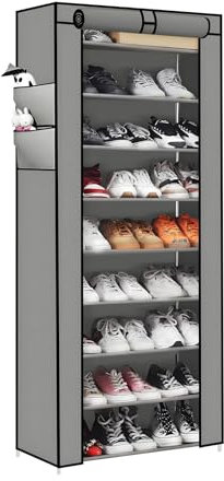 Generisch 10 Schicht Schuhregal mit 9 FäChern und StaubschutzhüLle 58 x 28 x 158 cm Platzsparender Schuhschrank Vliesstoff und Metallrahmen Geeignet für Flur Schlafzimmer Kleiderschrank (Grau)
