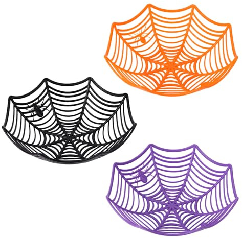 3pcs Halloween Candy Bowl, 11 Inch Plastic Spider Web Candy Dish Halloween Food Tray for Parties Trick or Treating Table Centerpiece (Orange, Black & Purple)