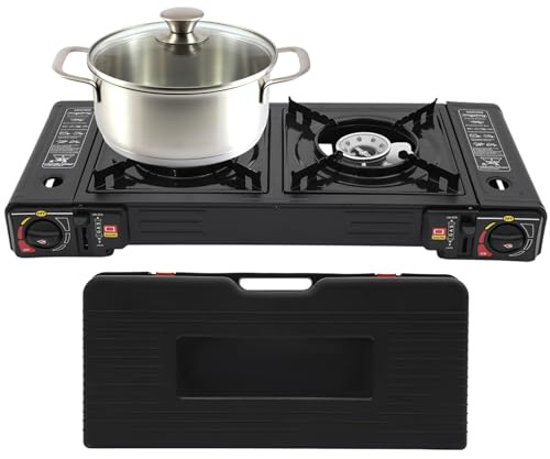 Hornillo de gas para camping, 2 fuegos, 2,5 kw, placa de gas de 100 g/h, quemador de gas para exteriores, con encendido piezoeléctrico, sin cartuchos de gas, con maletín de almacenamiento para