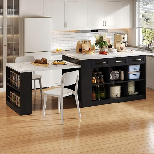 Juabett Kücheninsel mit Ausziehtisch 150+96cm, Freestanding Kitchen Island Kücheninseln mit Schwarz ausziehbarer Esstisch,Weiß marmorierte Holzarbeitsplatte/Tisch, mit Stauschränke für Familienküchen