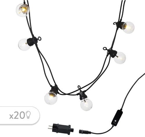 Lichterkette Solar und Netzanschluss, 40 transparente LED-Leuchtmittel, warmweiß, Party Clear, 20 m, Länge 14,4 m